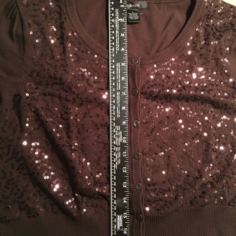 STYLE & CO. Cropped Cardigan Sweater, BROWN, Sequined, 3/4 Sleeves, Large, EUC - Picture 6 of 11